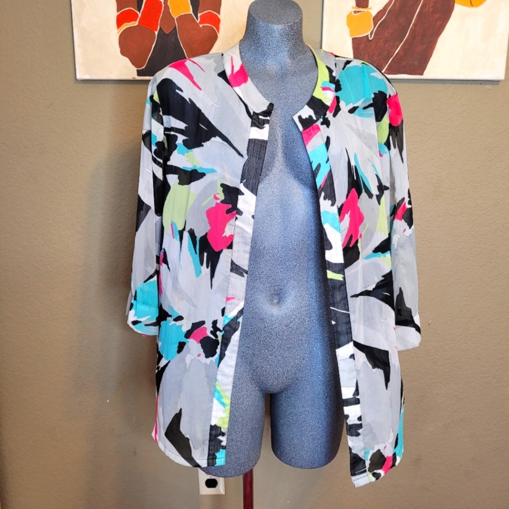 Chico's Sheer Cardiagan Multicolor Abstract Size 2